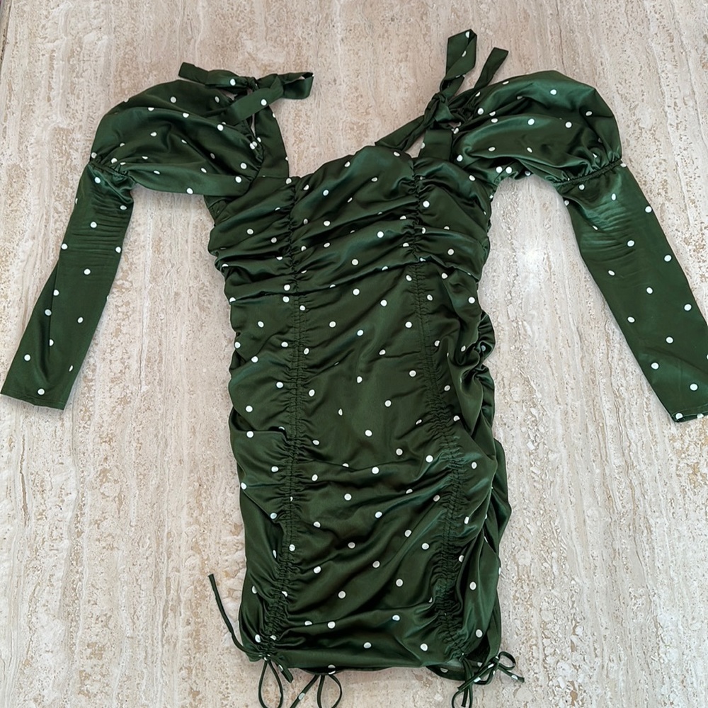 For Love Bell rushed Green White polka dots mini long sleeve dress (size large)